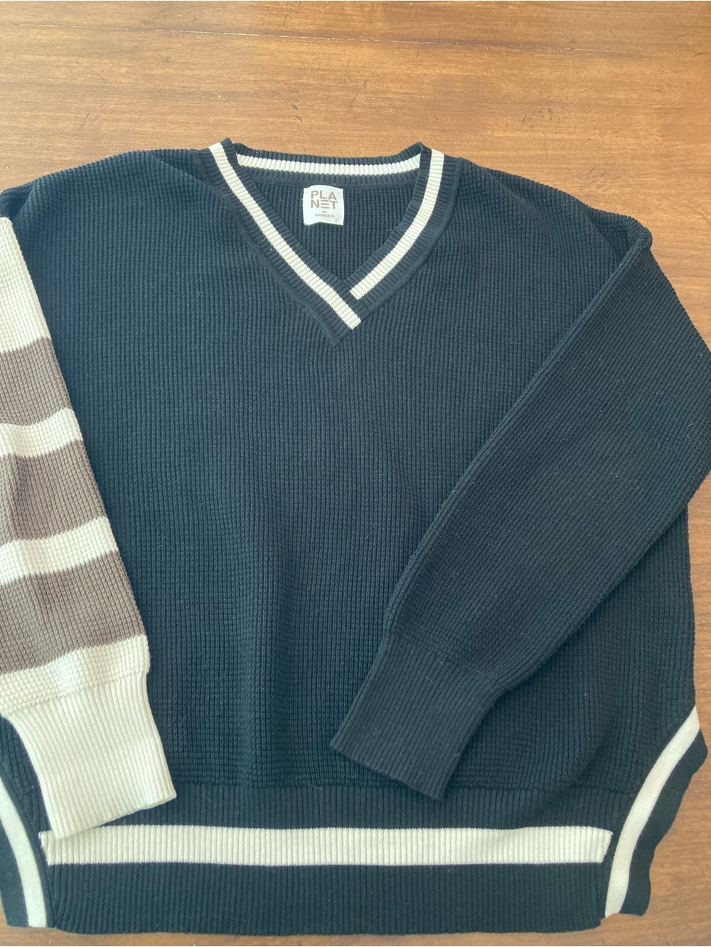Planet by Lauren G Black V-Neck Sweater with Cream Trim - Picture 3 of 8